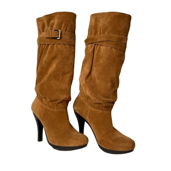 Michael Kors Cognac Suede Slouch buckle pull on knee high Boot heels size 8.5 M - Picture 2 of 10